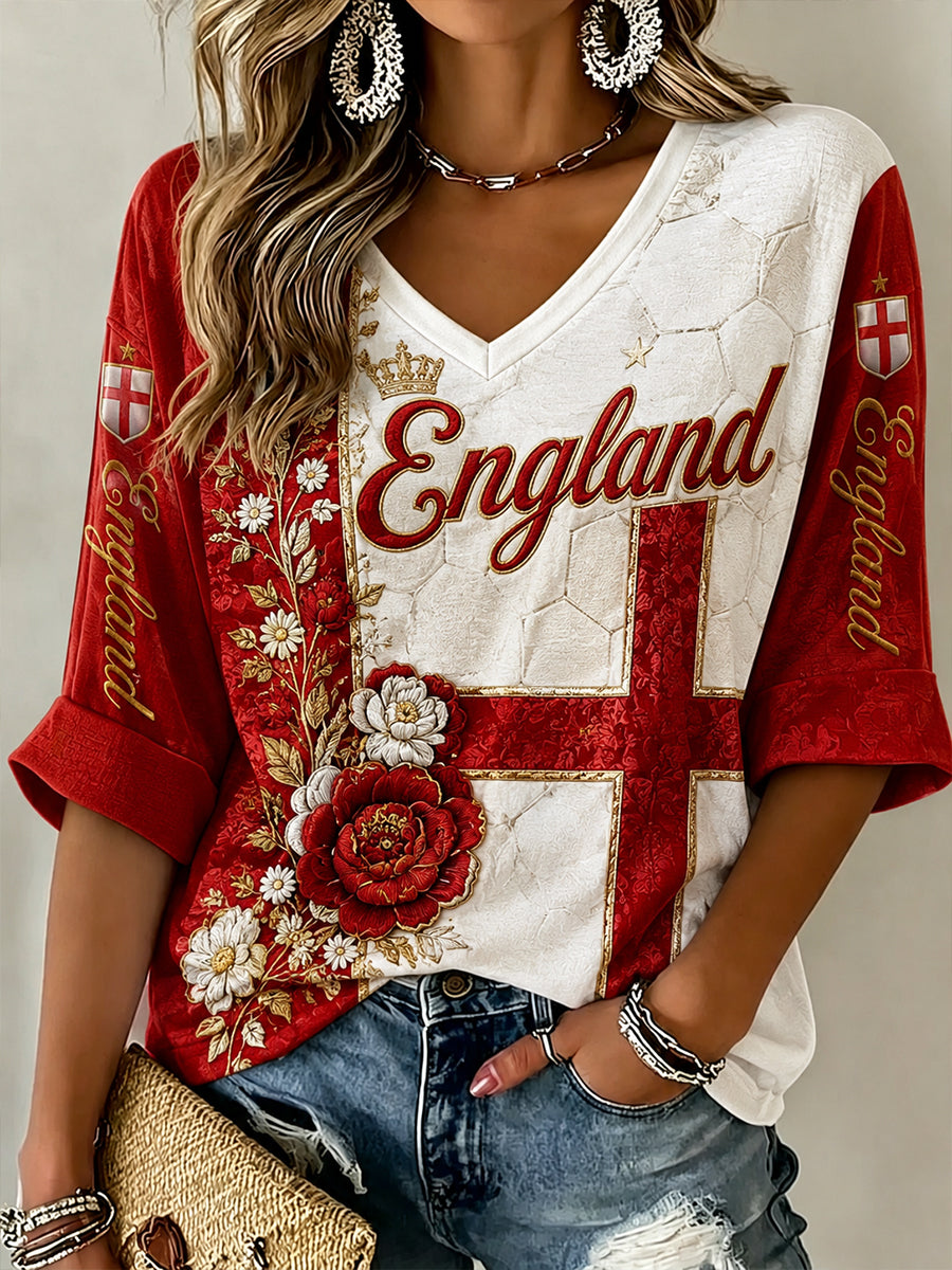 Women's England Football Pattern Linen V-Neck Shirt