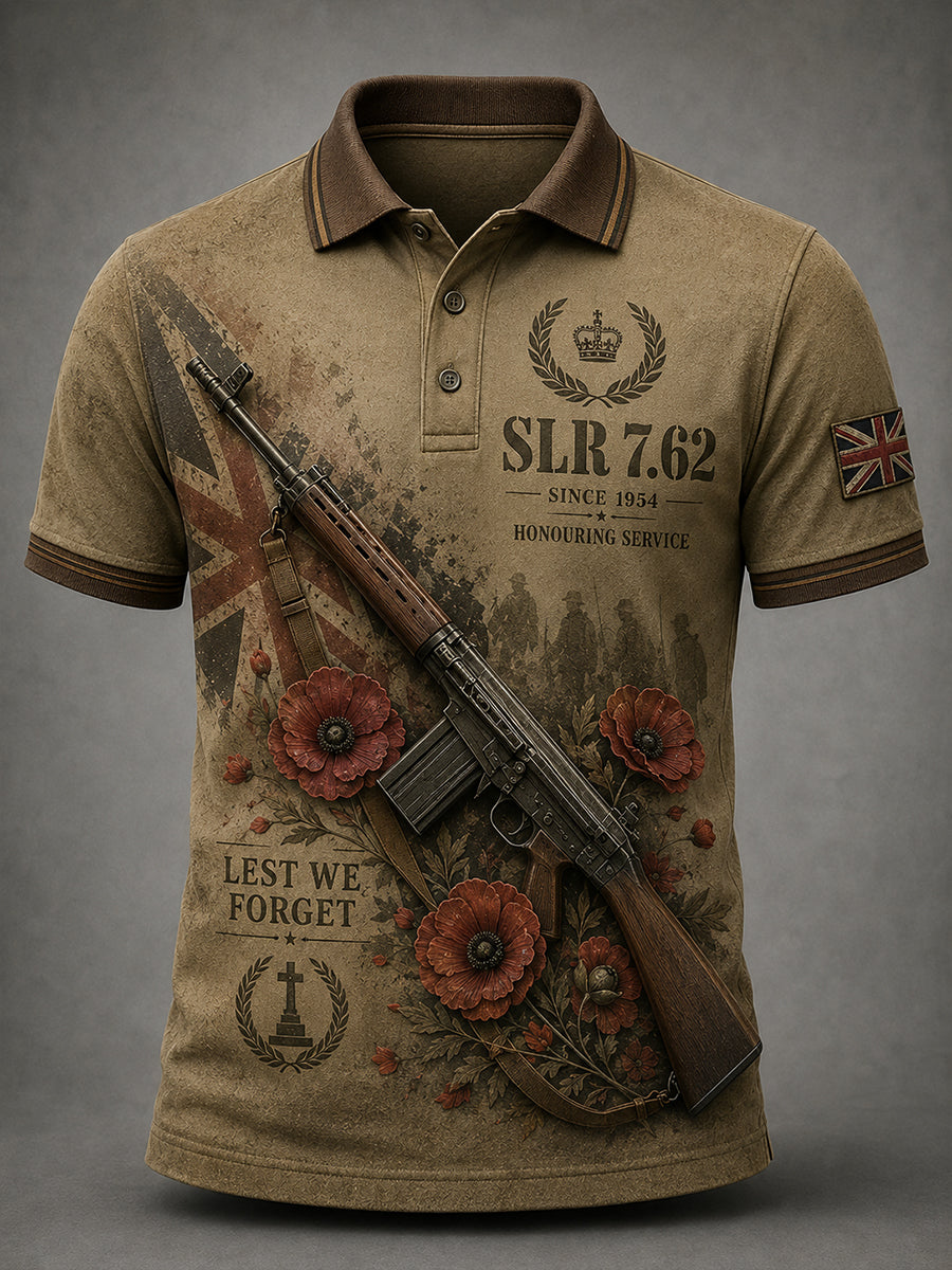 Men's Short-Sleeved Polo Shirt With Veteran Weapon Print