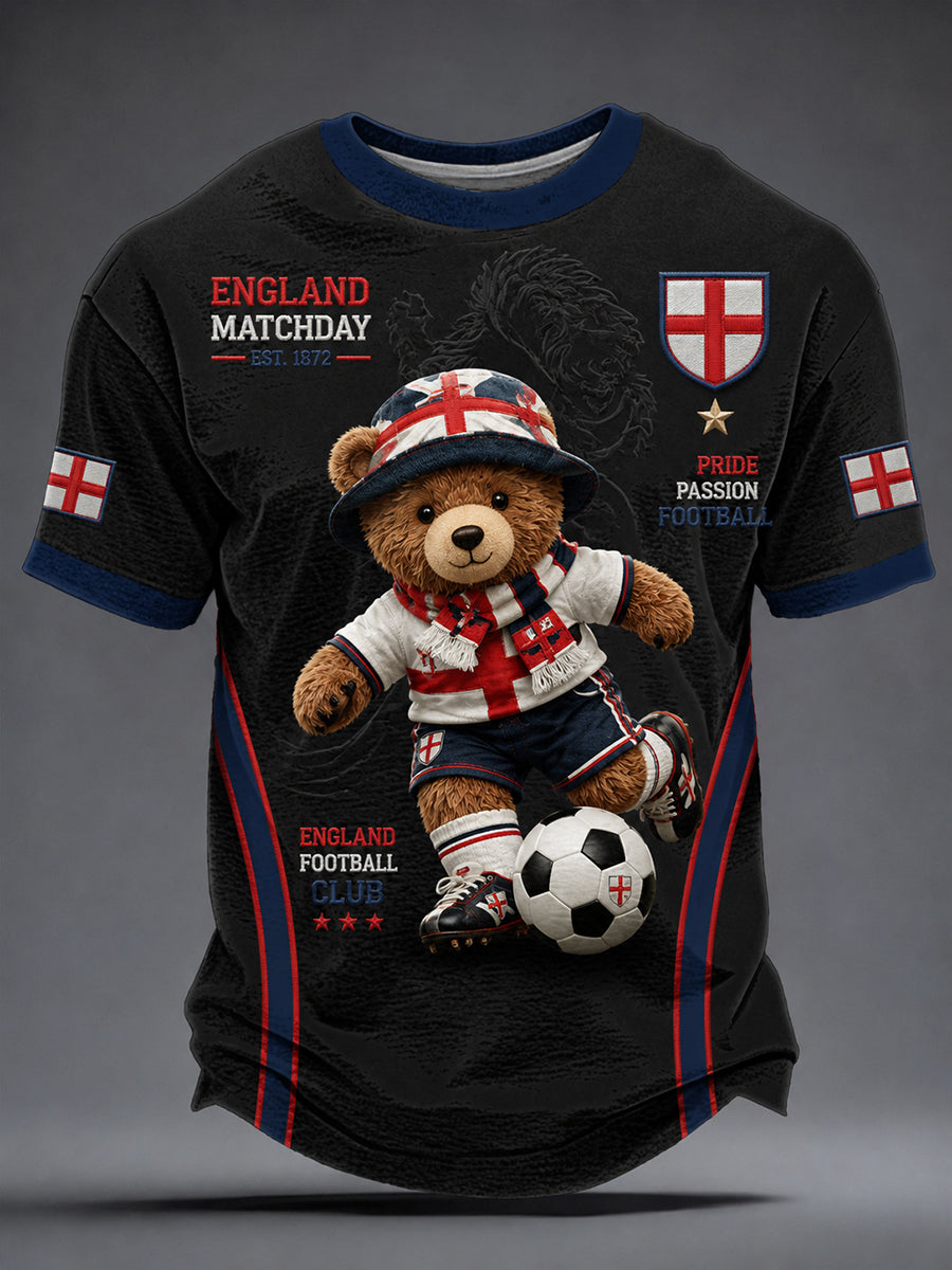 Retro British Bear Soccer Fan Art Print Casual T-Shirt