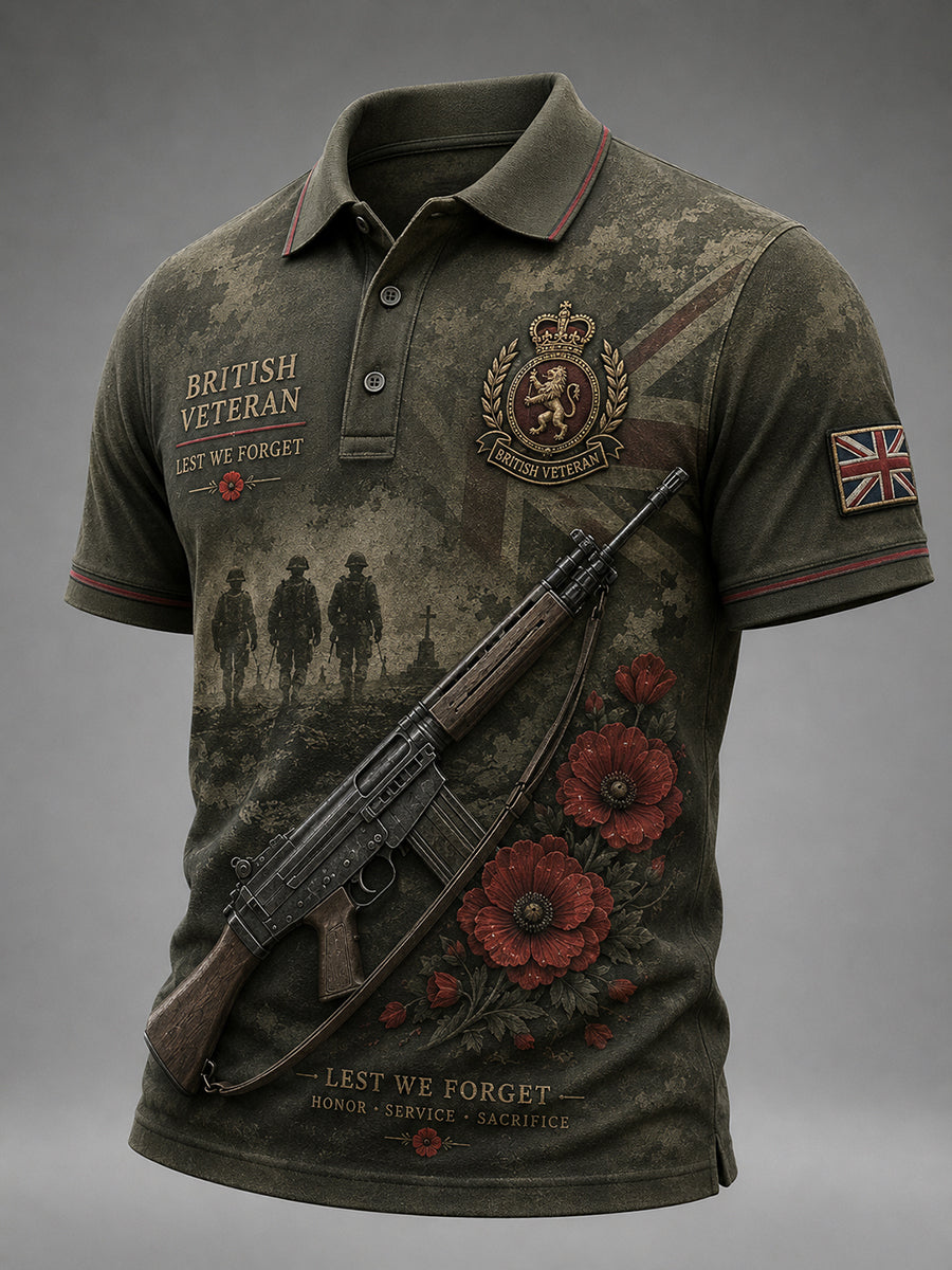 Men's Retro Veteran Commemorative Print Short-Sleeve Polo Shirt