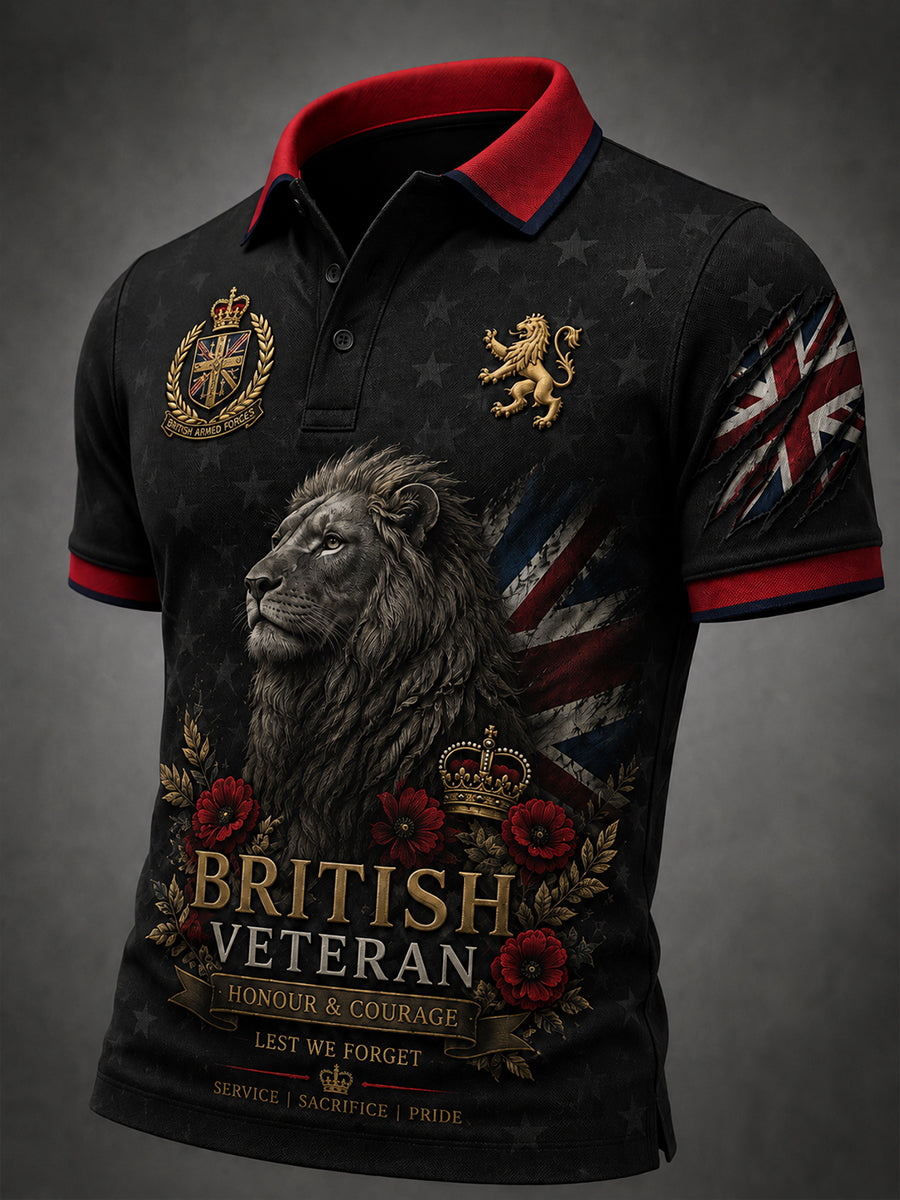 Men's Short-Sleeve Polo Shirt with Vintage Veteran-Inspired Print