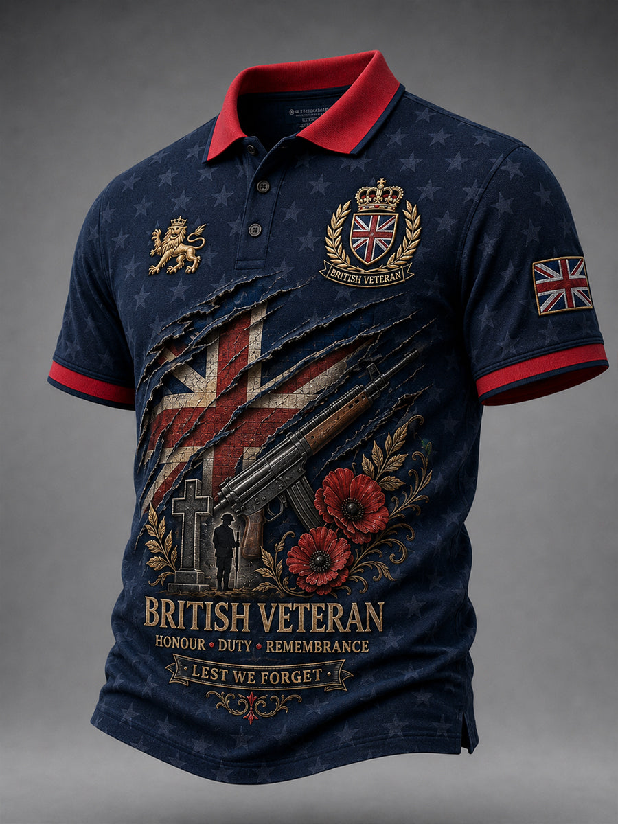 Men's Short-Sleeve Polo Shirt with Vintage Veteran-Inspired Print