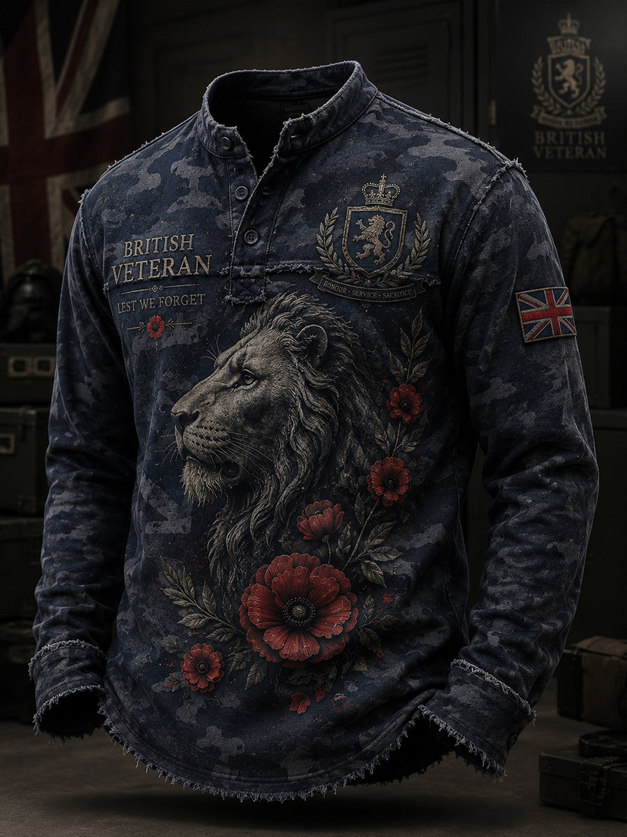 Men's Vintage-Style Long-Sleeve Top With Camouflage Print