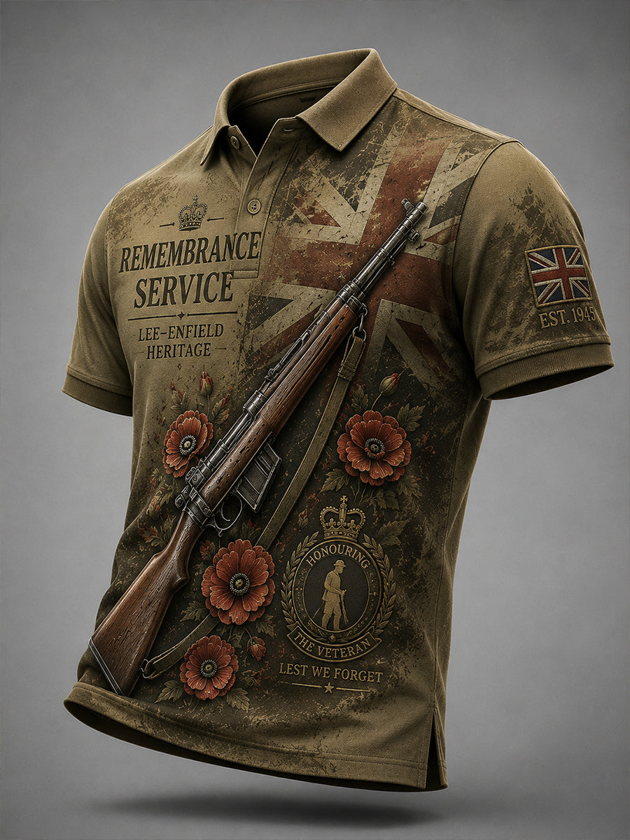 Men's Vintage Military-Style Graphic Short-Sleeve Polo Shirt