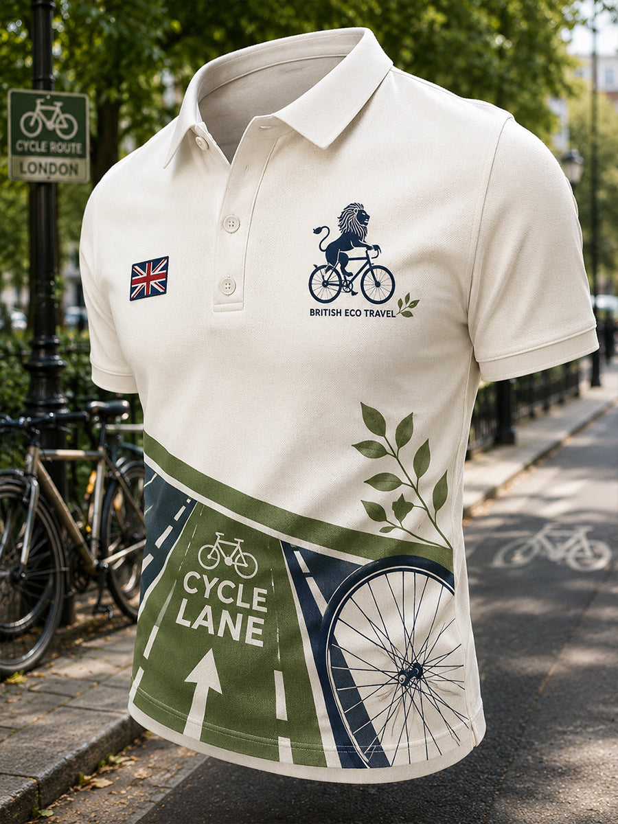 Men's Short-Sleeve Polo Shirt With "Green Travel" Themed Print