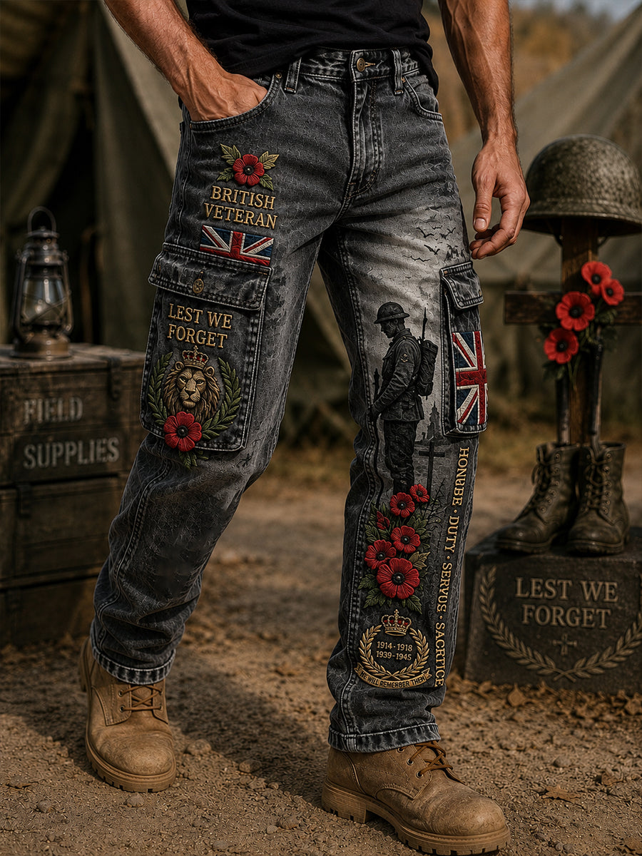 Men's Vintage-Style Cargo Pants With Veteran Commemorative Print