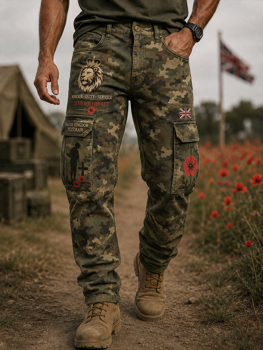 Men's Vintage-Style Cargo Pants With Veteran Commemorative Print