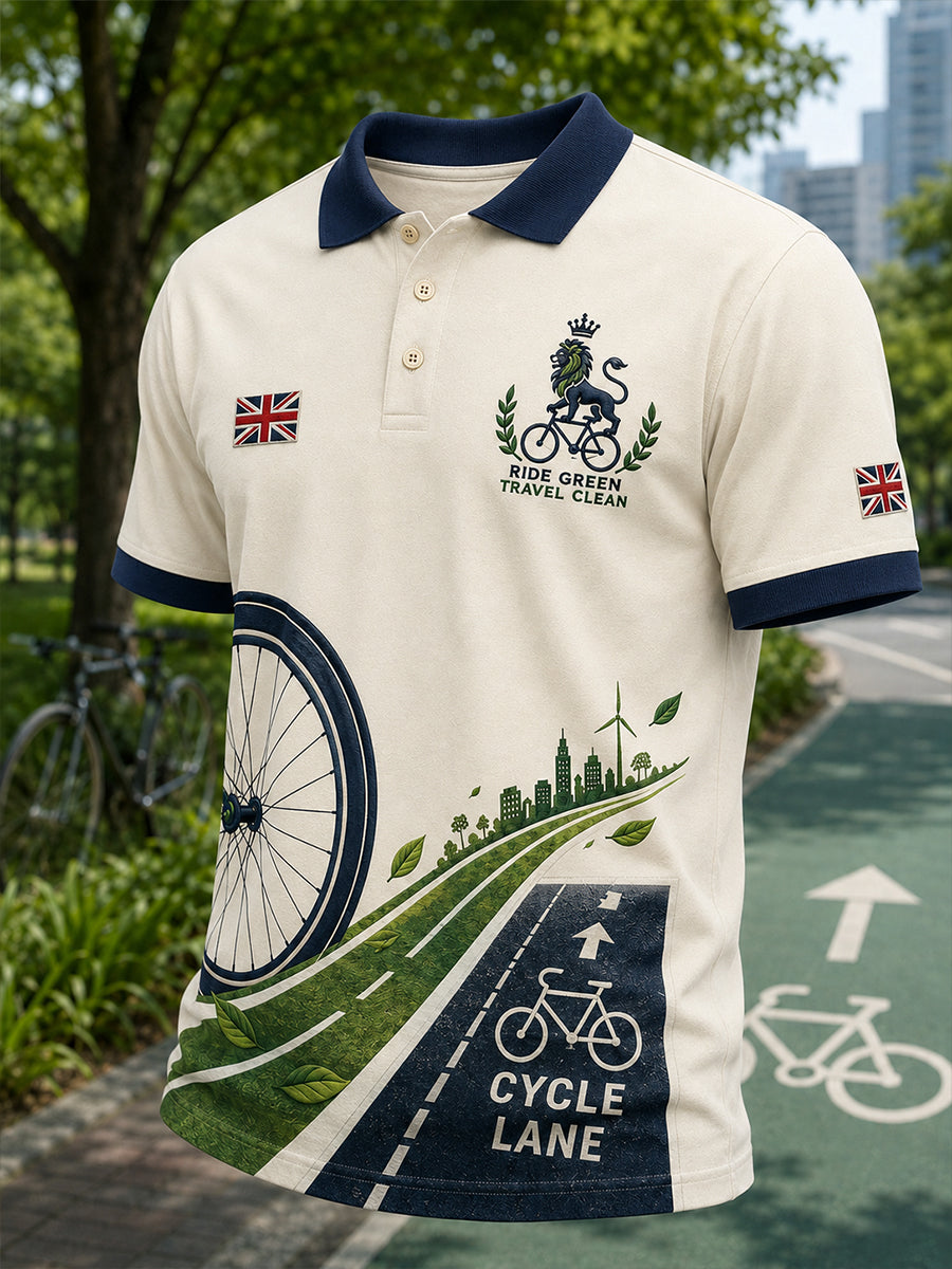 Men's Short-Sleeve Polo Shirt With Eco-Friendly Travel-Themed Print