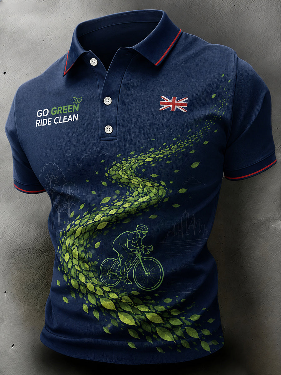 Men's Short-Sleeve Polo Shirt Featuring A "Green Travel" Themed Print