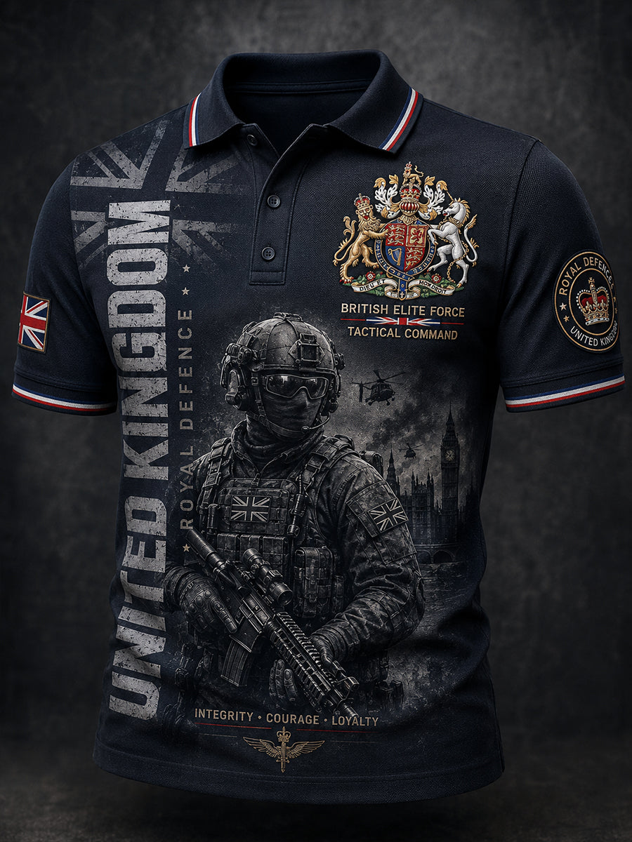 Men's Vintage-Style Short-Sleeve Polo Shirt With Military-Themed Veteran Commemorative Print