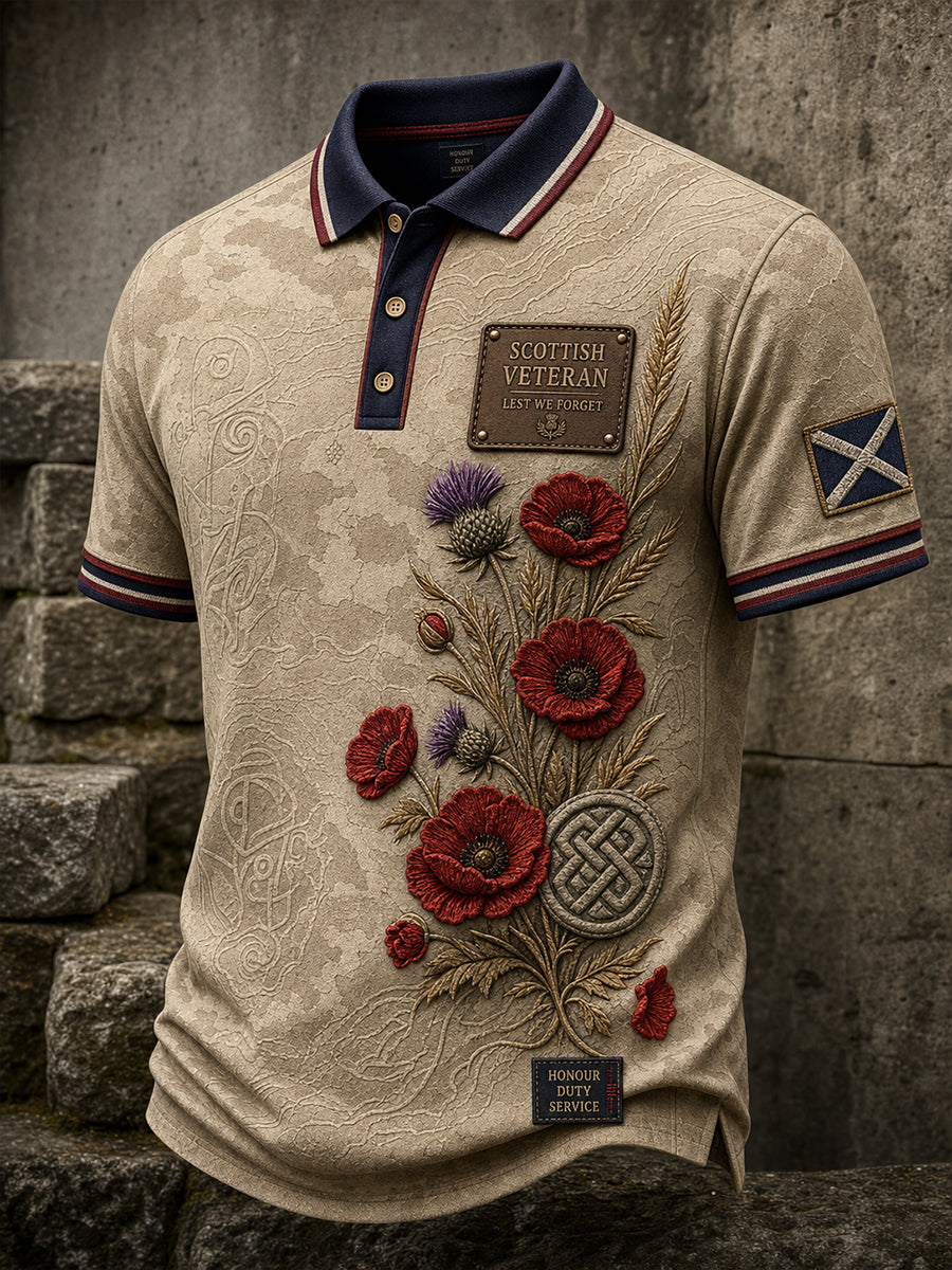 Vintage-Style Casual Polo Shirt With Scottish Veteran Art Print