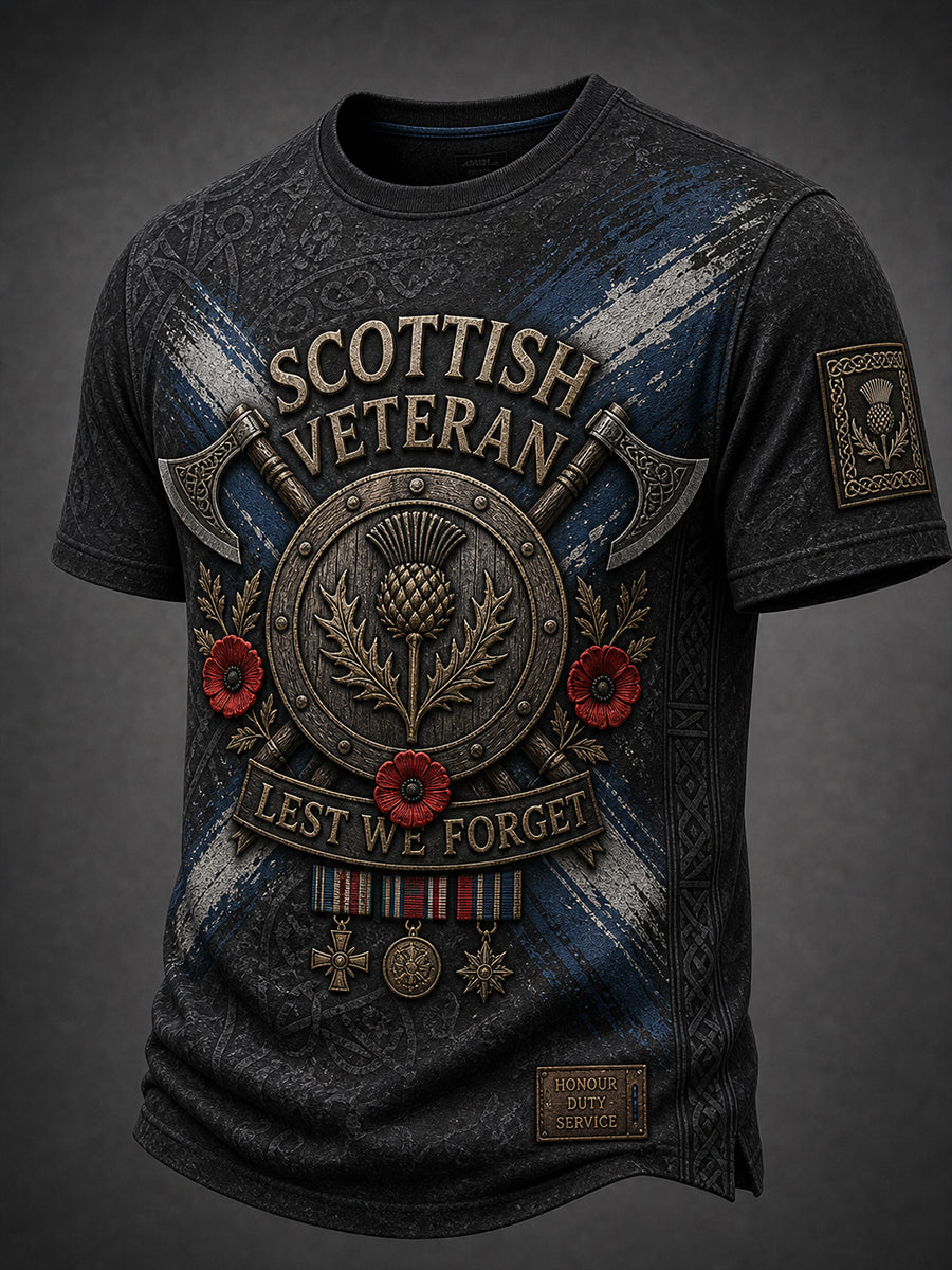 Vintage-Style Casual T-Shirt With Scottish Veteran Art Print