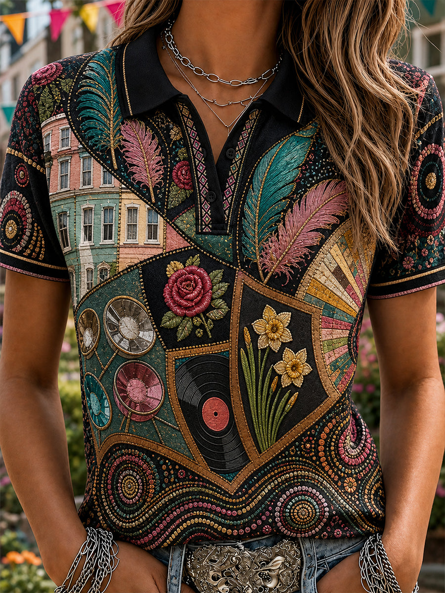 Vintage-style casual polo shirt featuring a London Notting Hill Carnival print