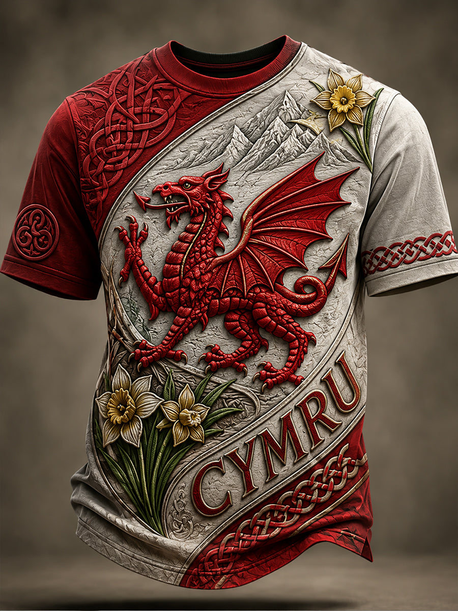 Men's Welsh Red Dragon Cultural Elements Art Print T-Shirt