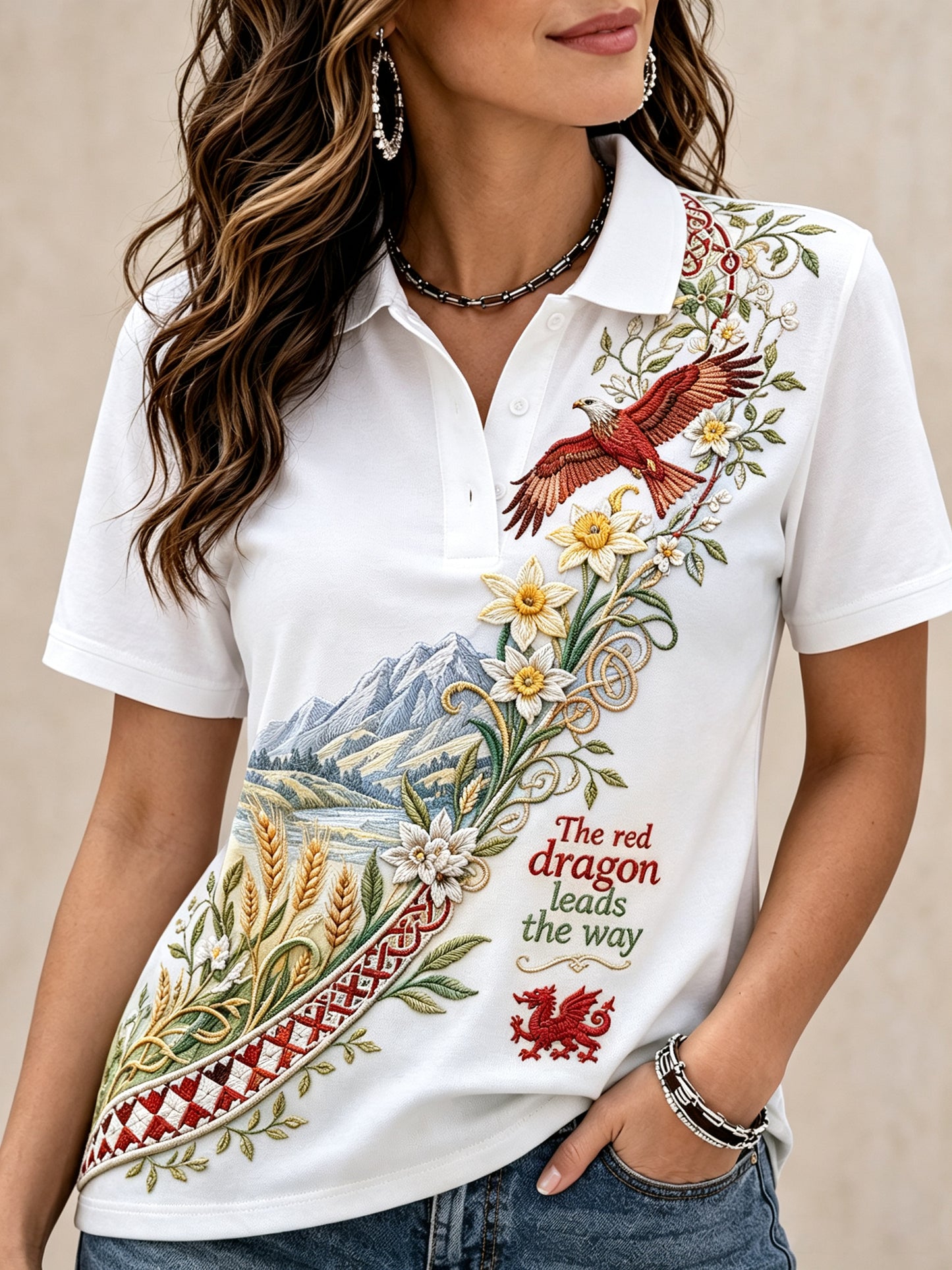 Women's Welsh Red Dragon Cultural Elements Art Print Polo