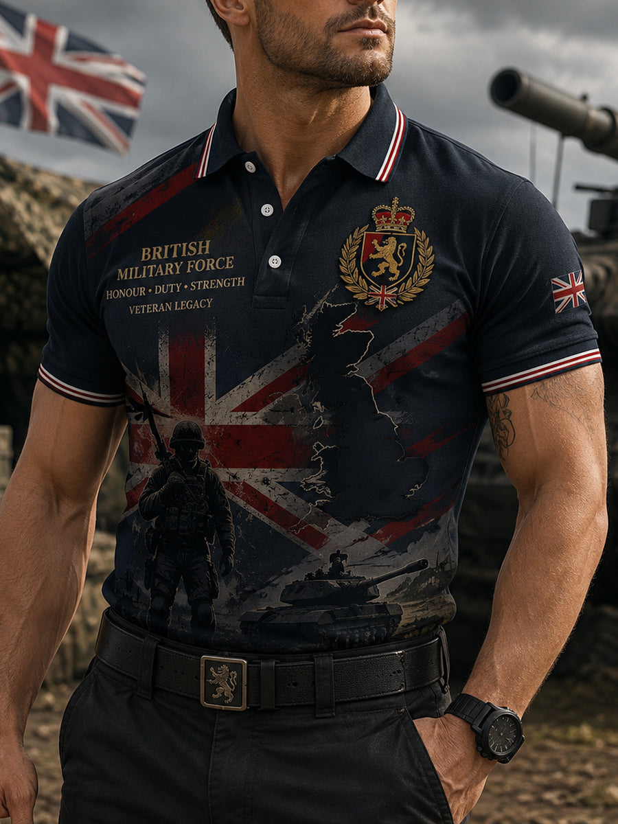 Men's Short-Sleeve Polo Shirt With Vintage Camouflage And Military-Style Prints