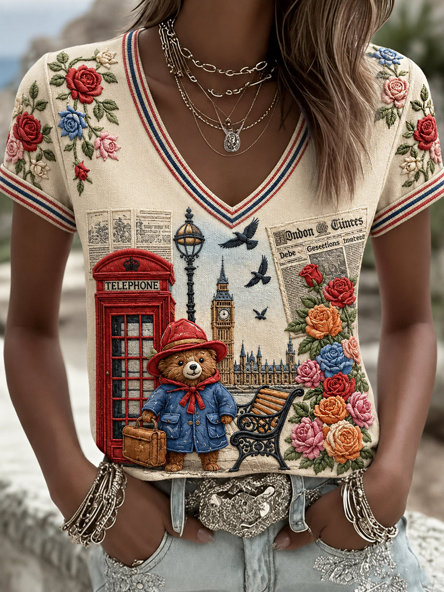 Women's Paddington Bear Printed Vintage Fashion Loose Short Sleeve T-Shirt