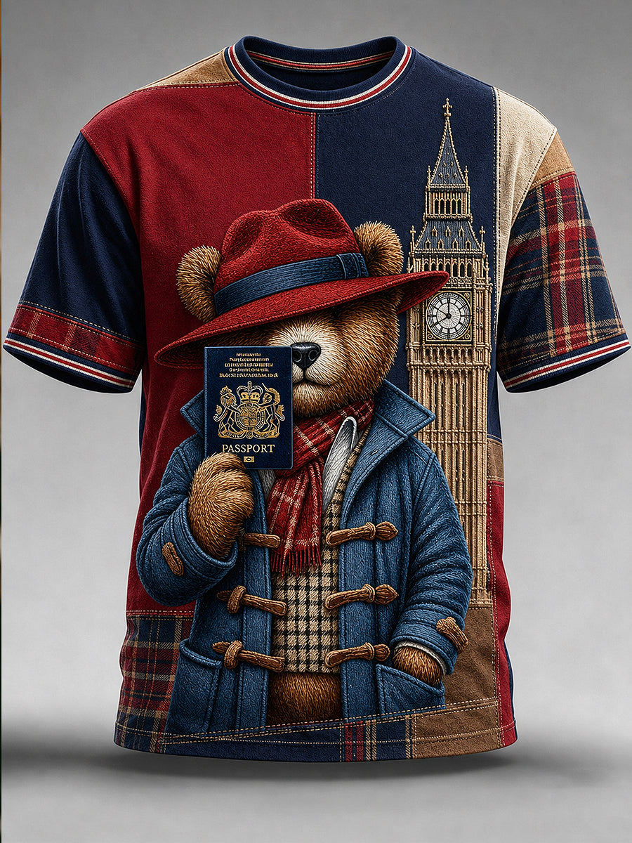 Men's Paddington Bear Printed Vintage Fashion Loose Short Sleeve T-Shirt