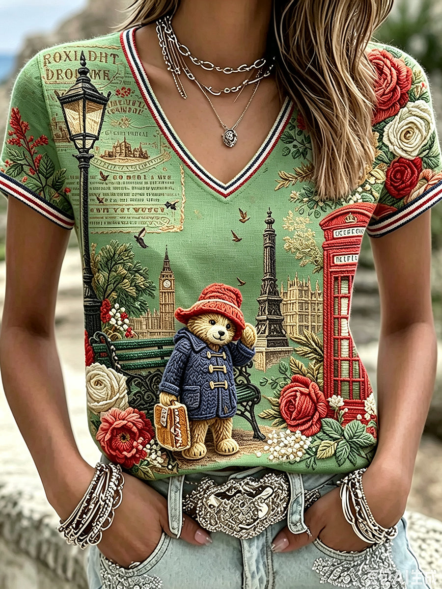 Women's Paddington Bear Printed Vintage Fashion Loose Short Sleeve T-Shirt