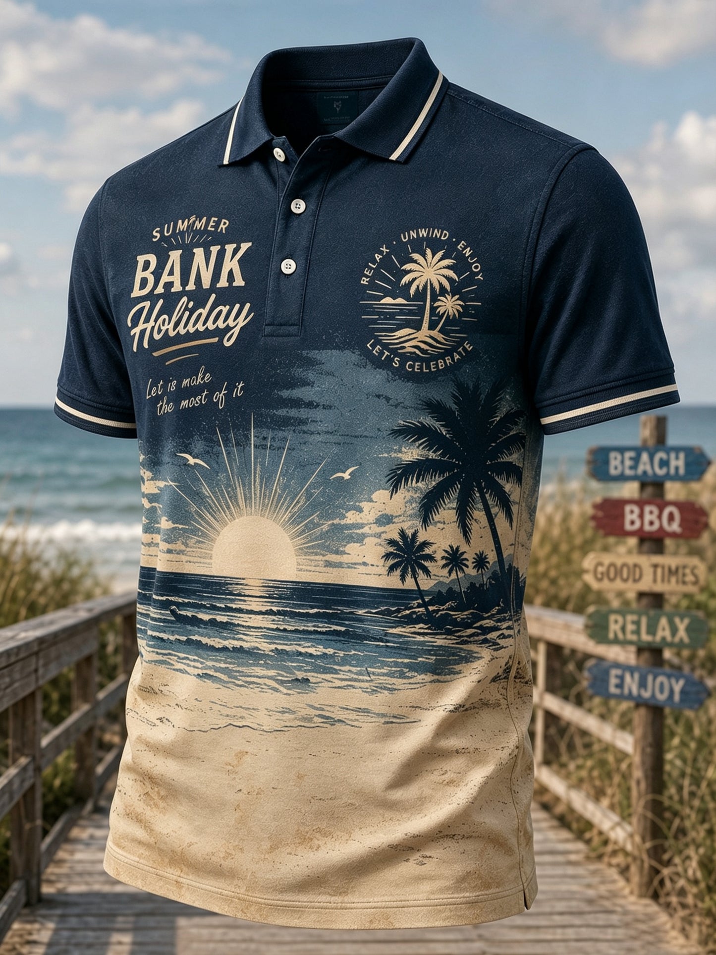 Men's British Summer Bank Holiday Art Print Casual Polo