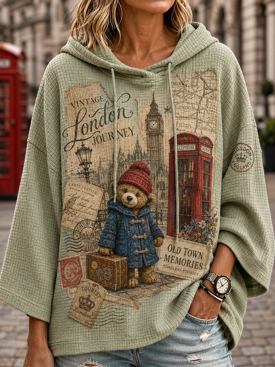 Women's Drop-Shoulder Waffle-Knit Hoodie With Cute Teddy Bear Print