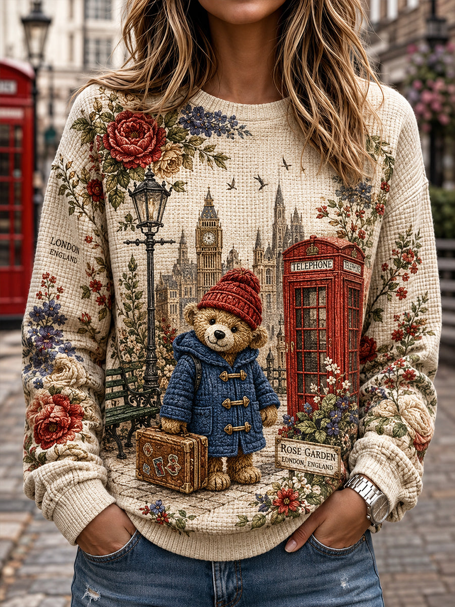 Women's Waffle-Knit Sweatshirt With Cute Teddy Bear Print