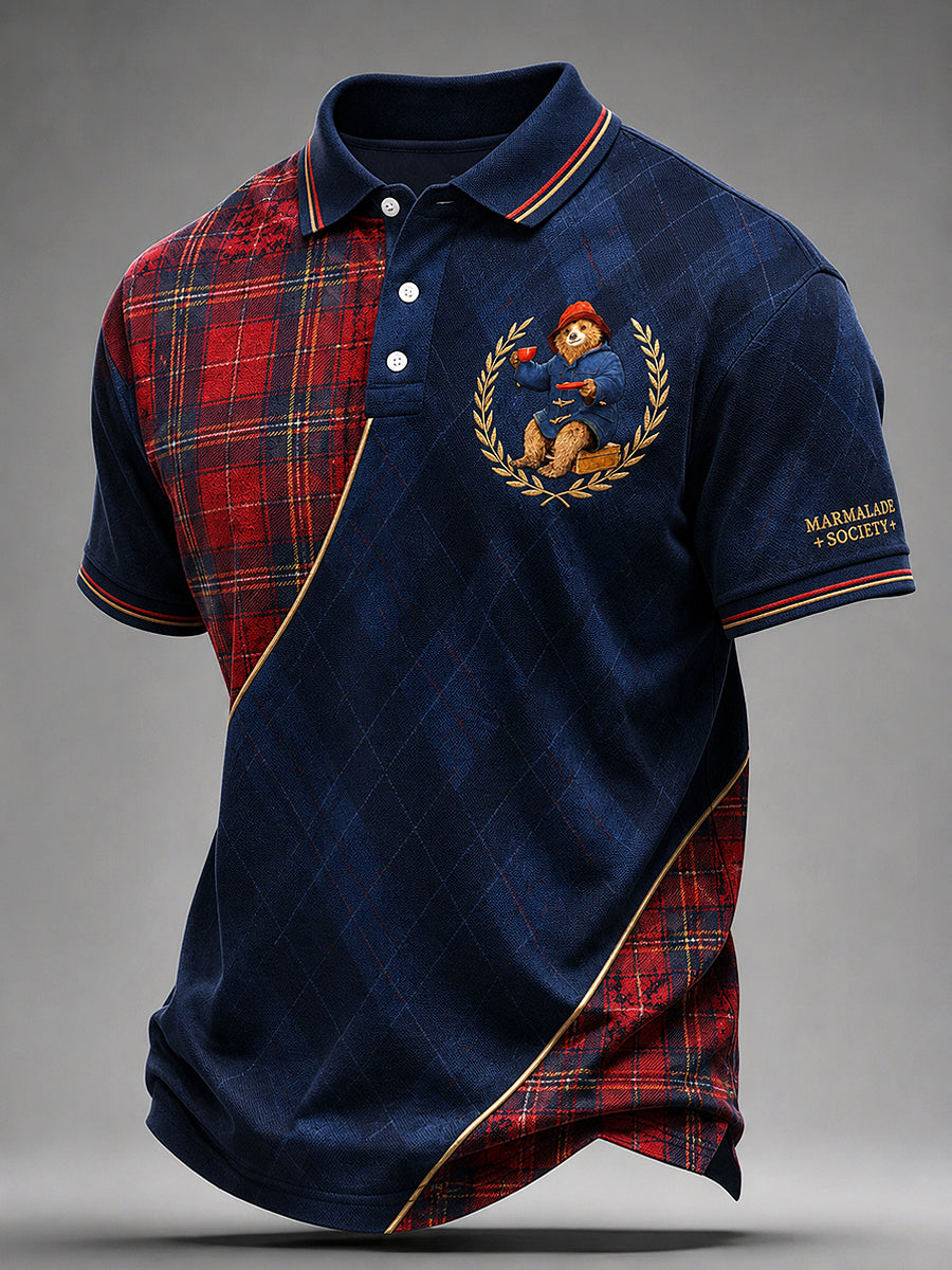 Men's Paddington Bear Print Polo Collar Casual Short Sleeved Shirt