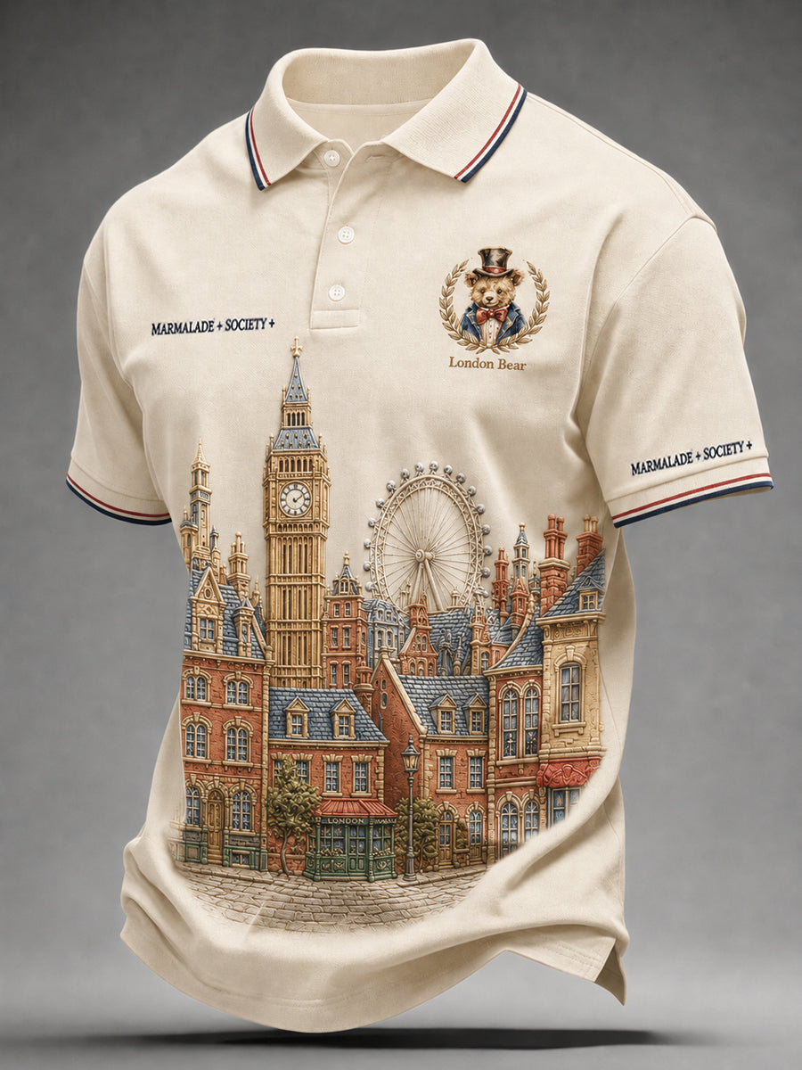 Men's Paddington Bear Print Polo Collar Casual Short Sleeved Shirt