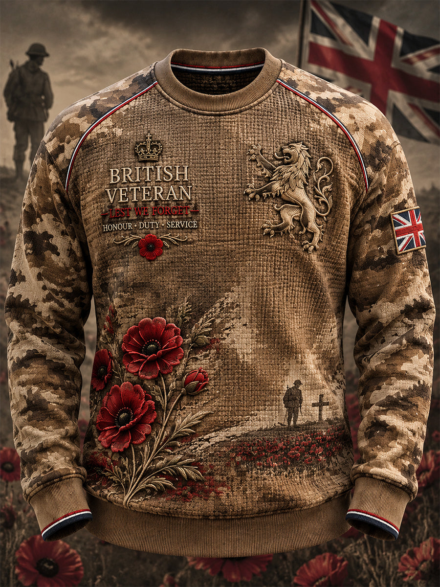 Men's British Veteran Commemorative Print Long-Sleeved Waffle Top