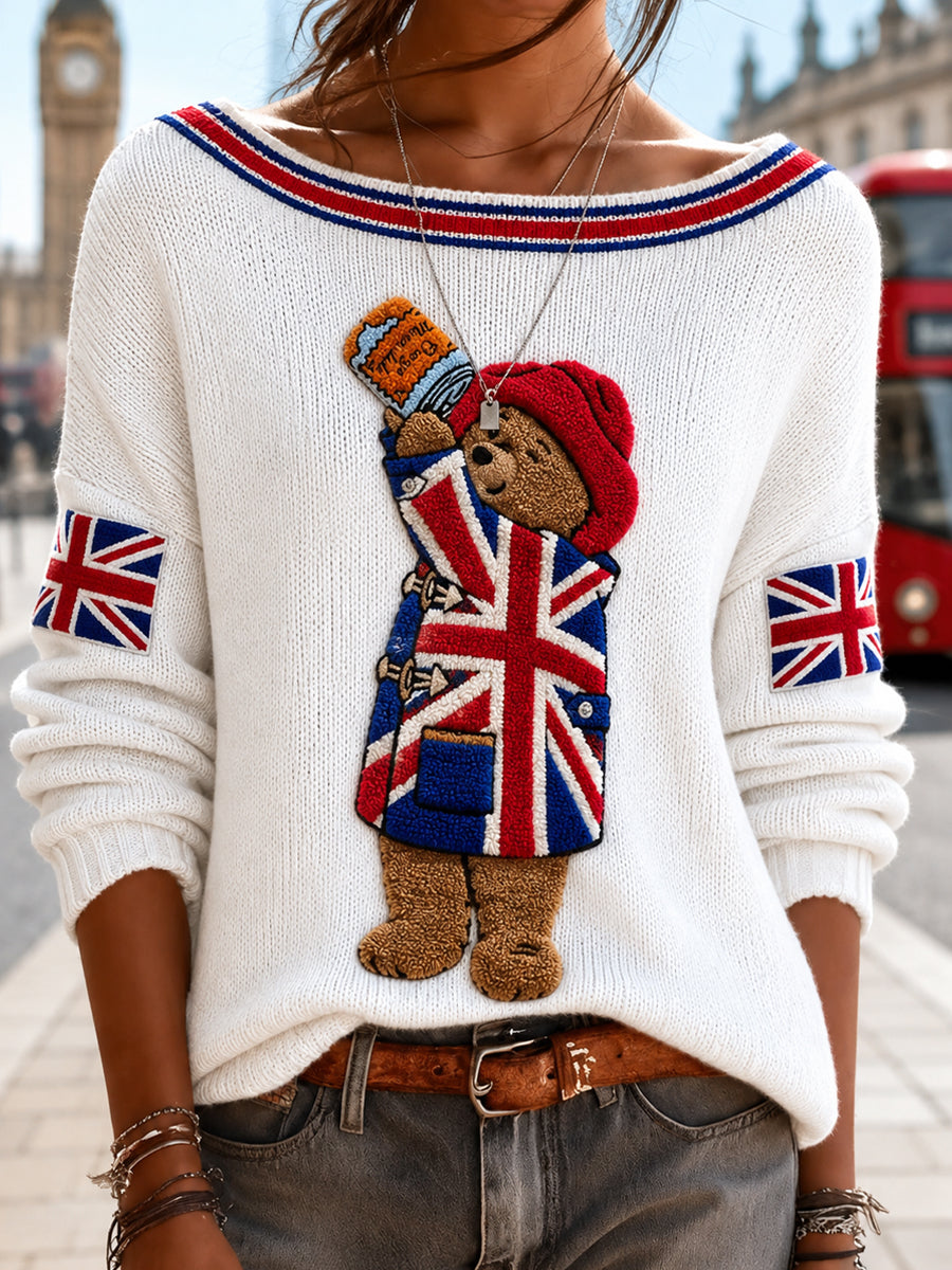 Women's Bear Art Printed Long Sleeve Round Neck Sweater