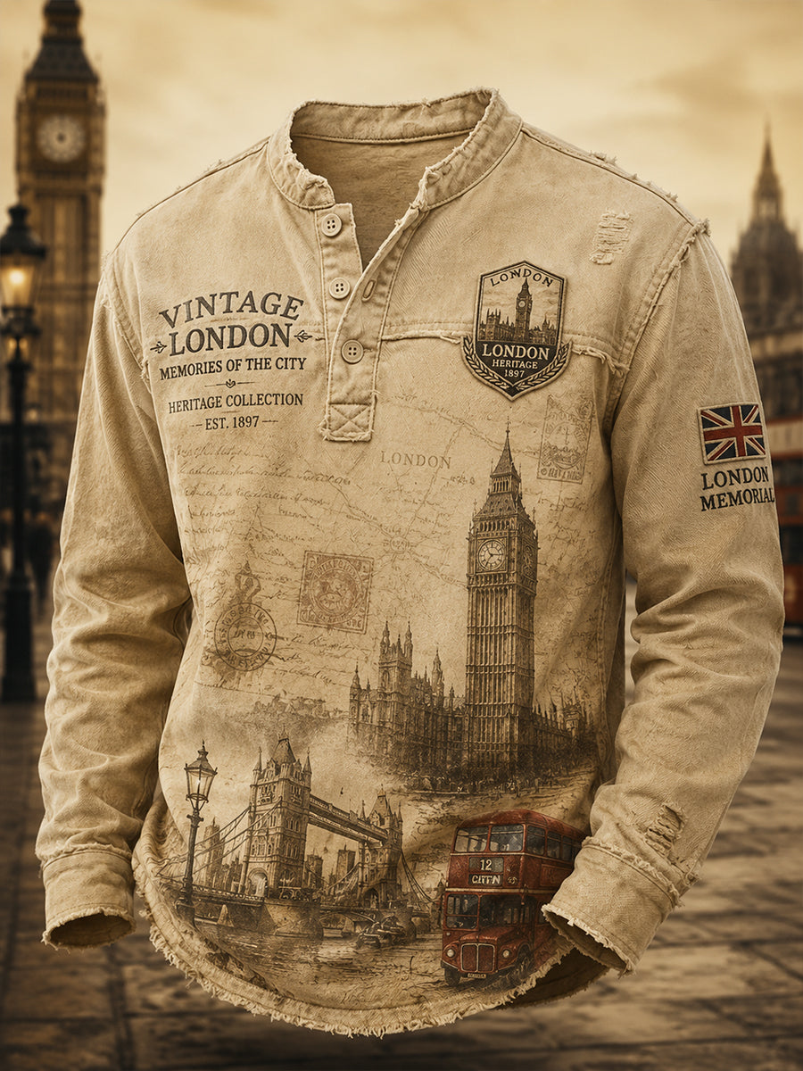 Men's Long-Sleeve Top With Urban Commemorative Graphic Print