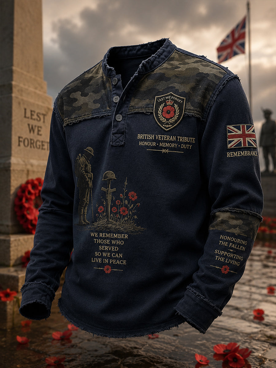 Men's Long-Sleeve Top With Vintage Veteran Commemorative Print