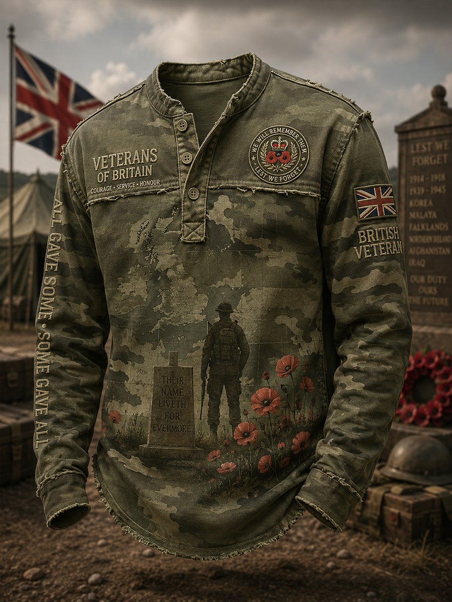 Men's Long-Sleeve Top With Vintage Veteran Commemorative Print