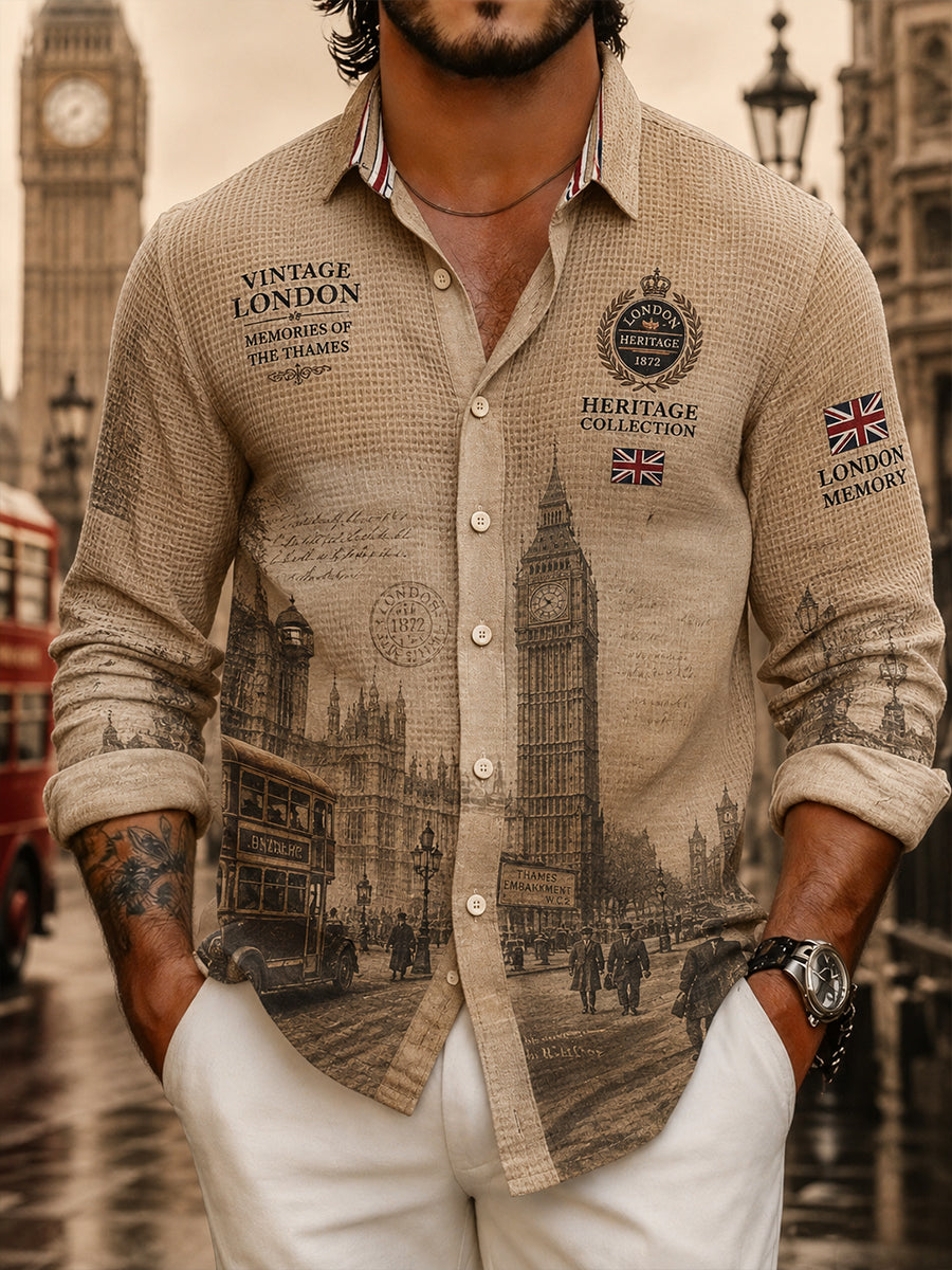 Men's City-Themed Graphic Waffle-Knit Long-Sleeve Shirt