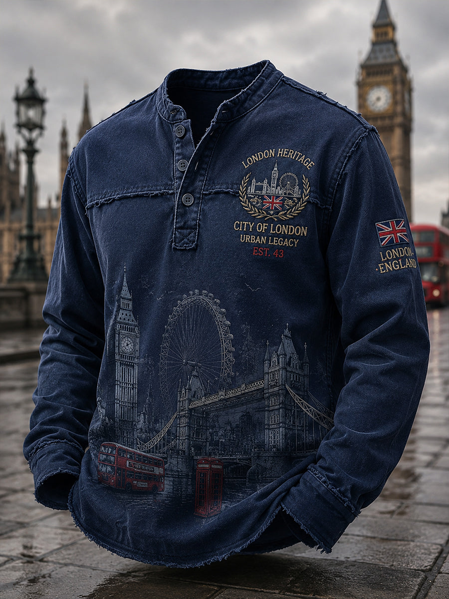 Men's Long-Sleeve Top With Urban Commemorative Graphic Print