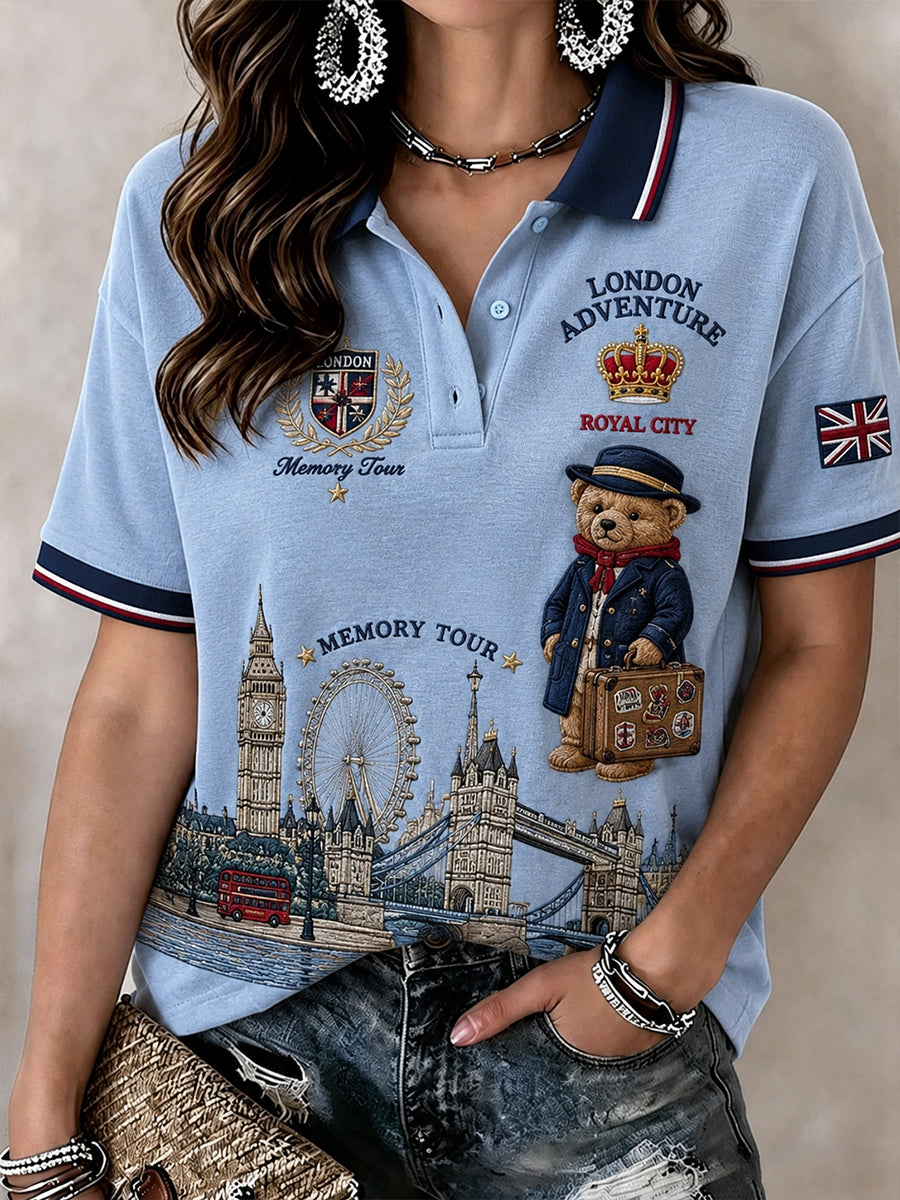 Women's City Commemorative Short-Sleeve Polo Shirt With Bear Motif Print