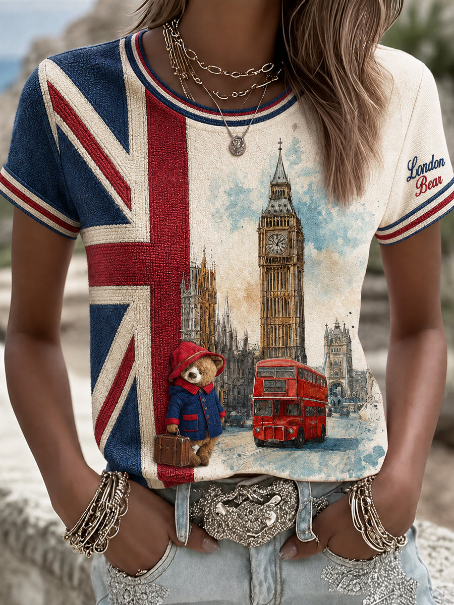 Women's London Bear Printed Vintage Fashion Loose Short Sleeve T-Shirt