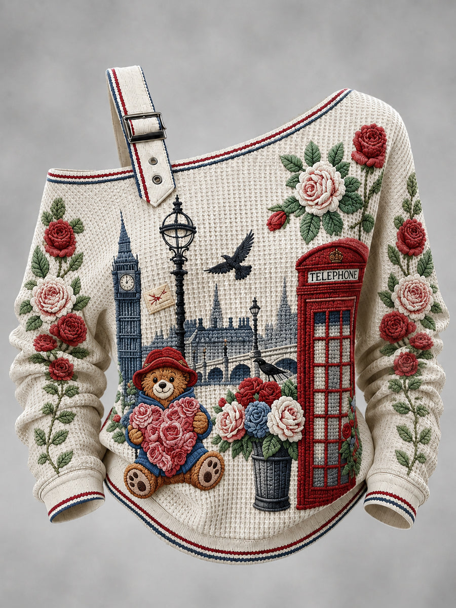 Women's London Bear Printed One Shoulder Waffle Casual Sweatshirt