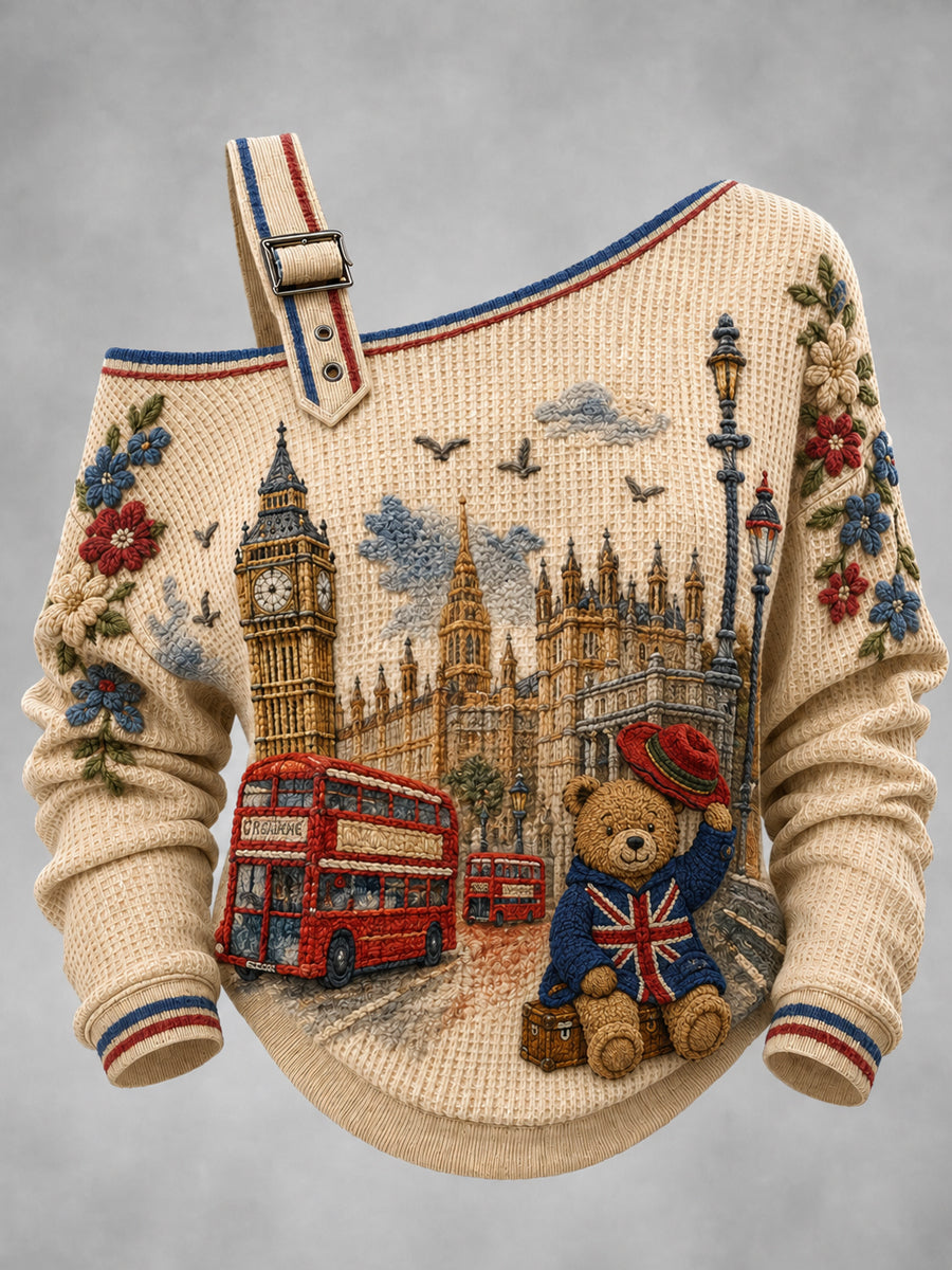 Women's London Bear Printed One Shoulder Waffle Casual Sweatshirt