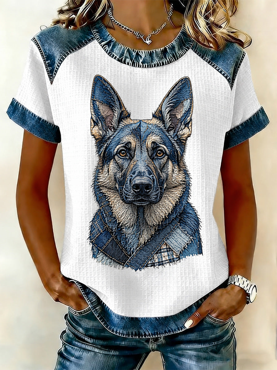 Women's Denim Patchwork Dog Print Waffle Casual Tee