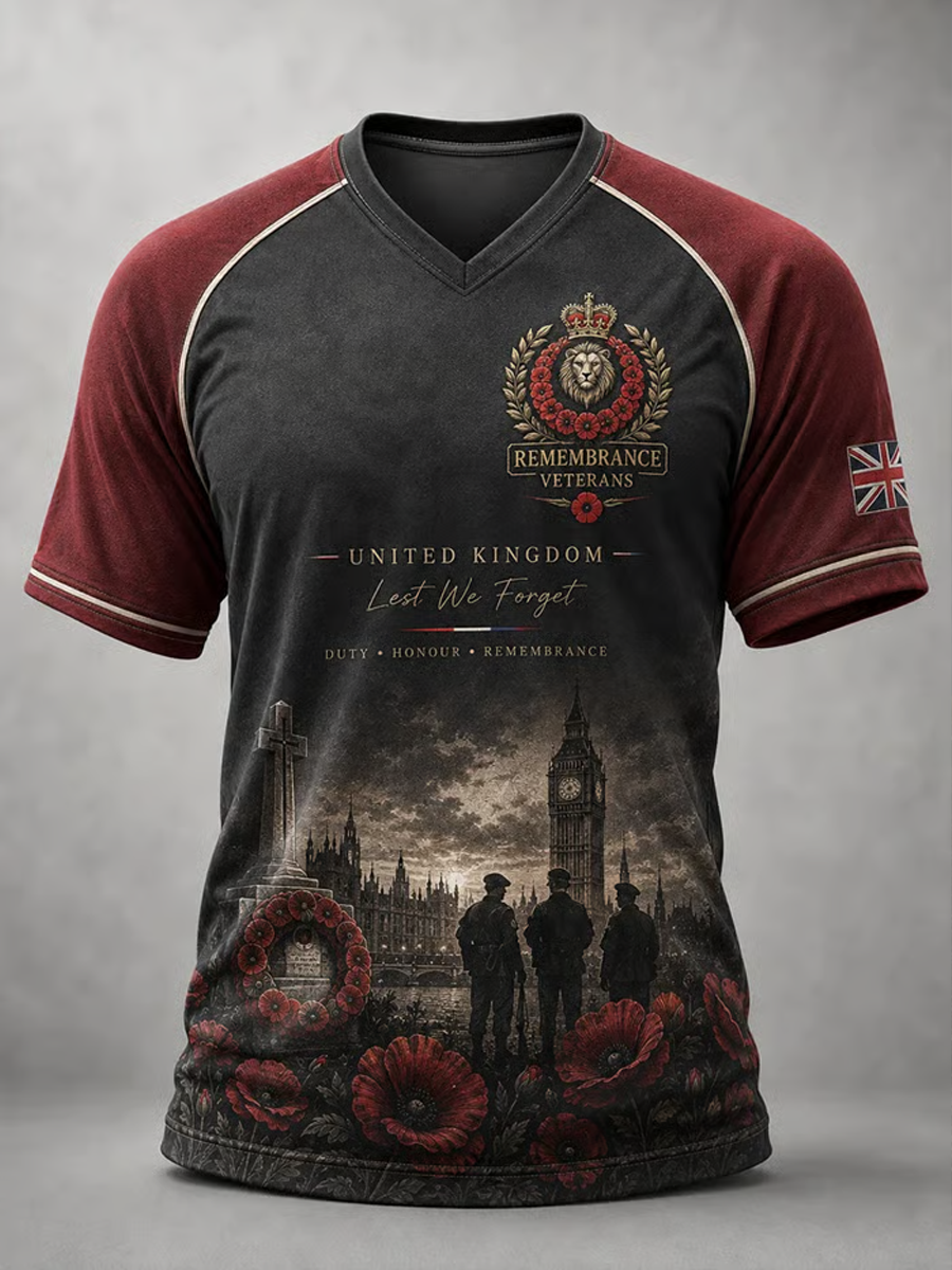 Men's British Veteran Print V-neck T-shirt