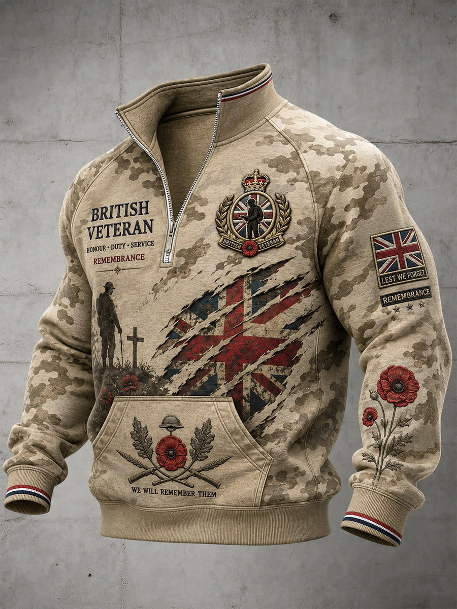 Men's Vintage Veteran-Themed Print Zip-Up Long-Sleeve Sweatshirt