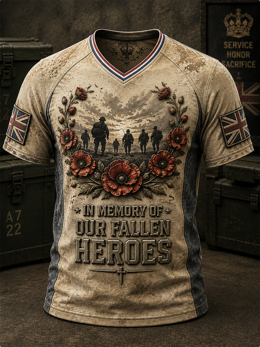 Men's British Veteran Commemorative Print V-neck Short-Sleeve T-Shirt