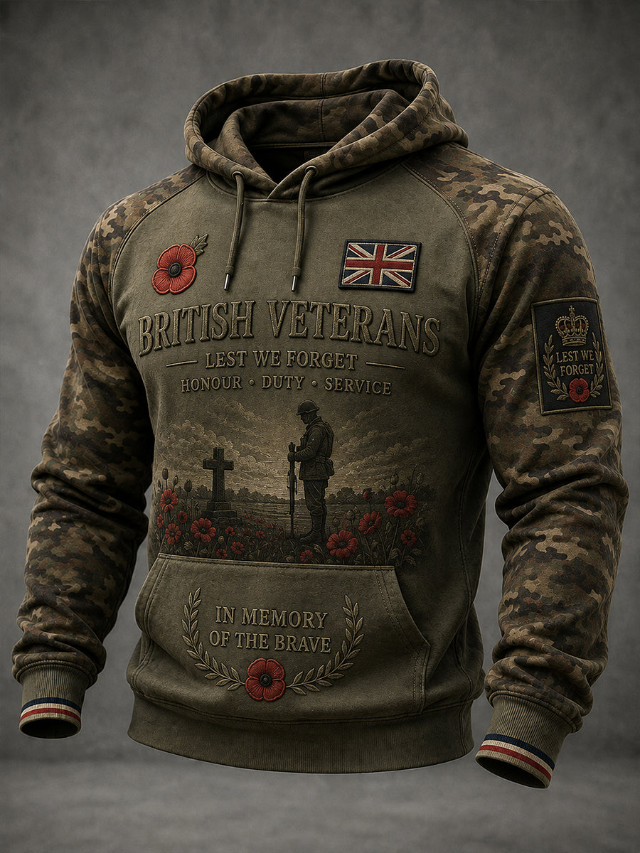 Men's Vintage Veteran-Themed Camo-Accent Long-Sleeve Hoodie