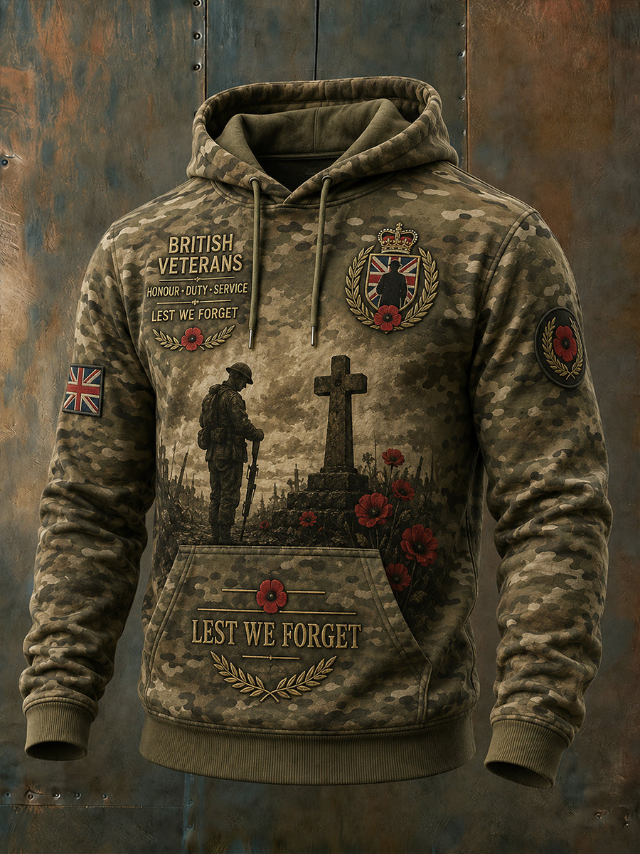 Men's Vintage Veteran-Themed Camo-Accent Long-Sleeve Hoodie