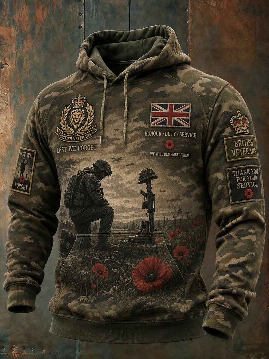 Men's Vintage Veteran-Themed Camo-Accent Long-Sleeve Hoodie