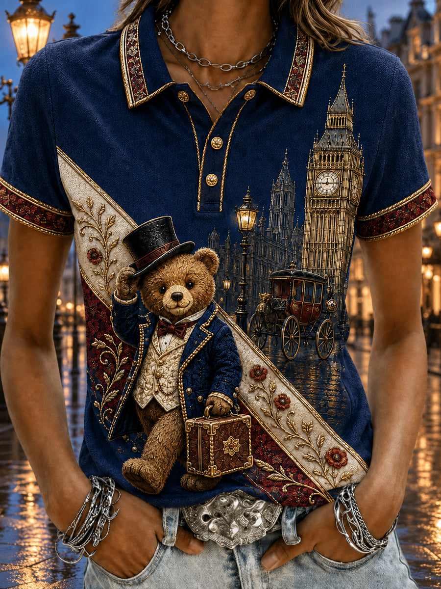 Women's London Bear Print Short Sleeve Polo Shirt