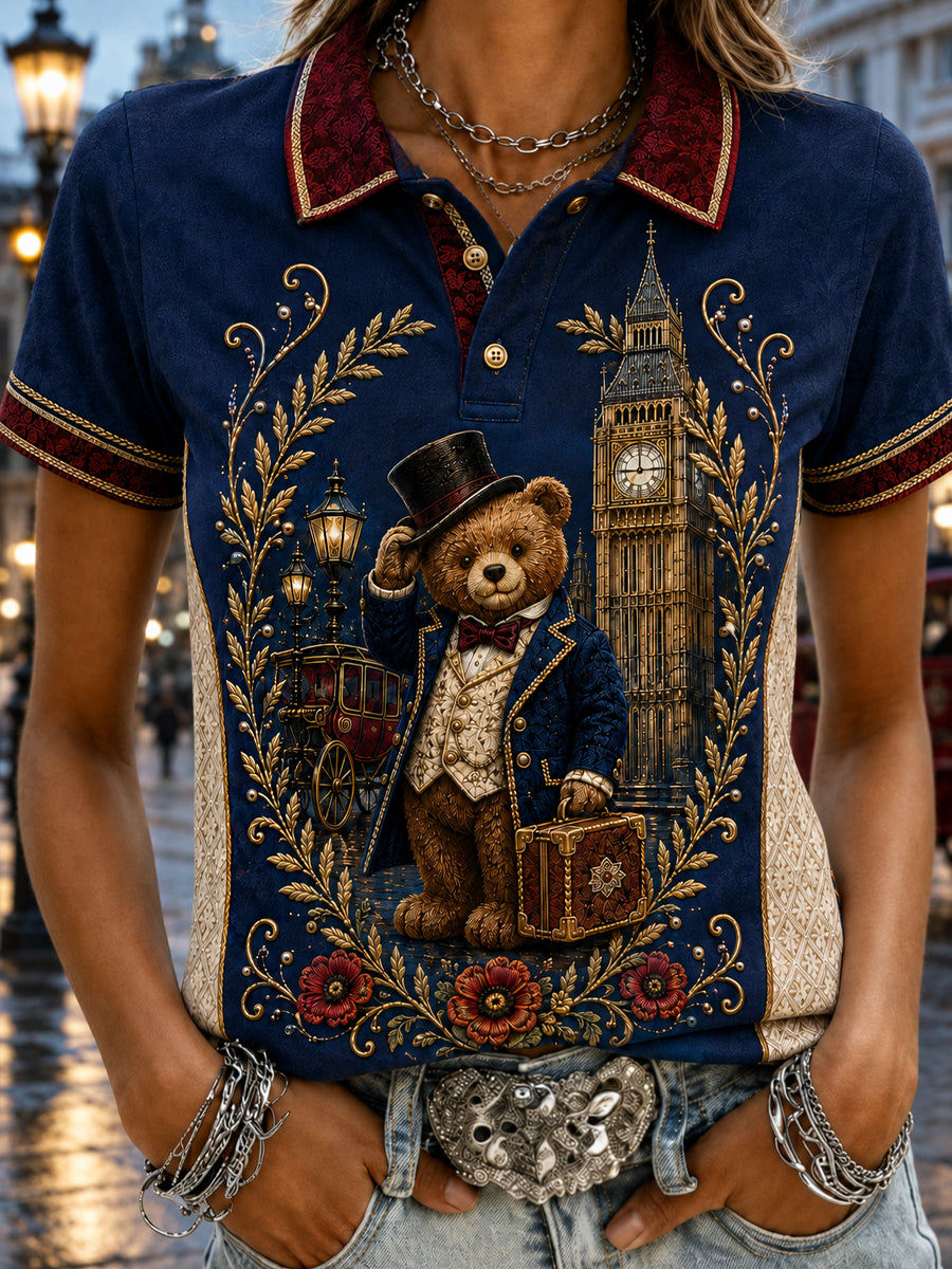 Women's London Bear Print Short Sleeve Polo Shirt