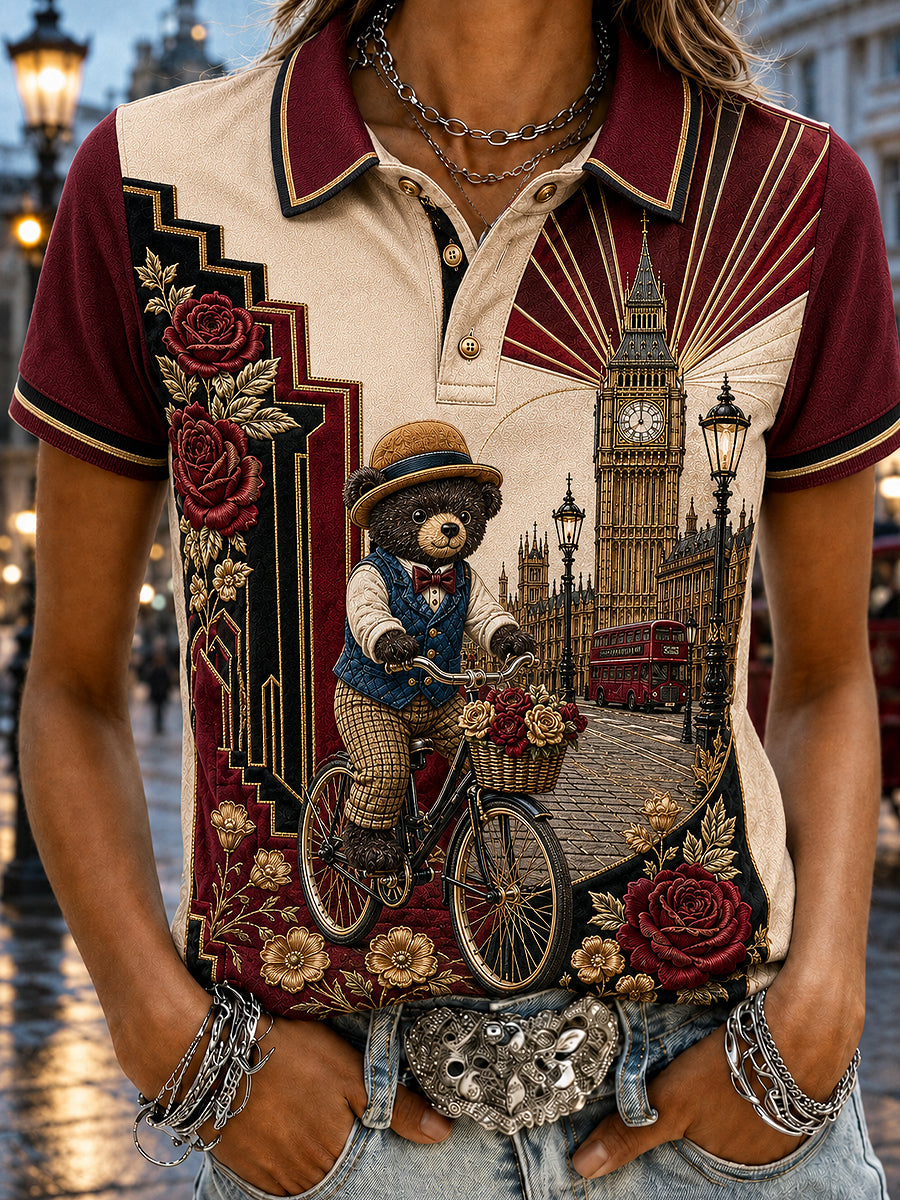 Women's London Bear Print Short Sleeve Polo Shirt