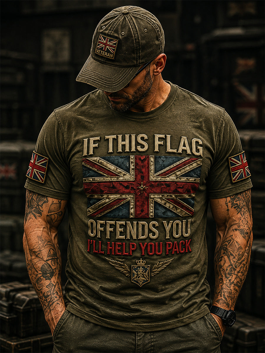 Men's British Veteran IF THIS FLAG OFFENDS YOU. I'LL HELP YOU PACK T-Shirts